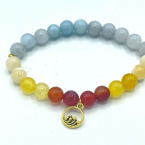 Ocean wave carnelian yellow agate honey calcite aquamarine beaded stretch bracel - Picture 1 of 16